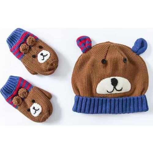 Bear Embroidery Toddler Hat Cotton Baby Hat +Gloves Set Crochet Baby Beanies Kids Fall Winter Cap Handmade Windproof Earmuff Cap