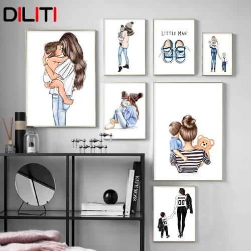 Fashion Mother and Son Canvas Painting Nordic Mommy Boy Posters and Prints for Living Room Wall Picture Decoration Home Decor