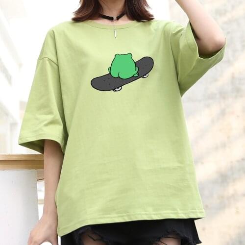 Frog on Skateboard Shirt Cotton Women Oversized Harajuku Tees Casual Summer Kawaii Streetwear Women Fashion Half Sleeve Men Tops