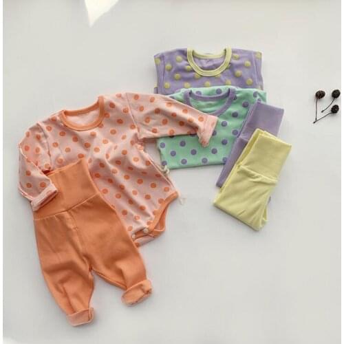 2021 New girls boys 2 pcs set dots romper+long pants cotton autumn soft fashion babys suits