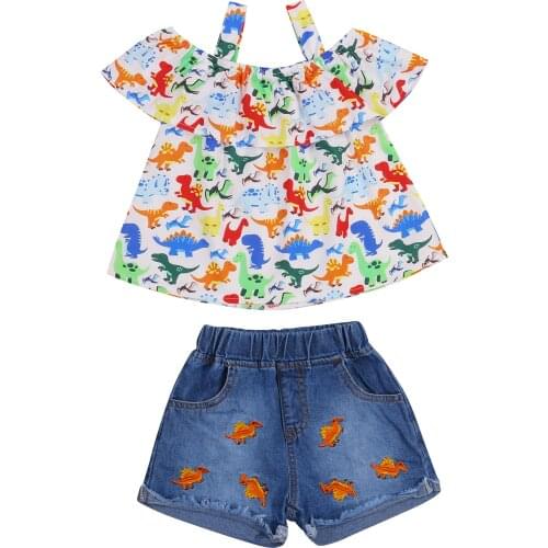 2Pcs Little Girls Outfit, Summer Cartoon Dinosaur Printing Flouncing Suspender Tops + Animal Embroidery Denim Shorts 1-6T