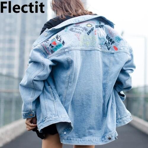 Flectit Vintage Embroidery Denim Jacket Women 90s Light Blue Oversize Trucker Jean Jackets Female Basic Jackets & Coats