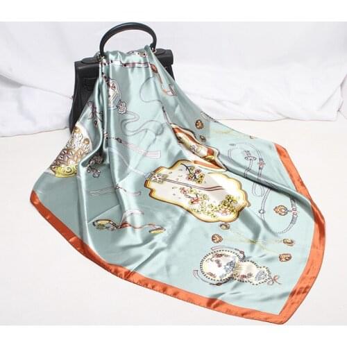 POBING Square Scarf Women Fans Print SIlk Foulard Satin Hijab Bandana Lady Neckerchief Femme Tie Band Head Scarves 90cm*90cm