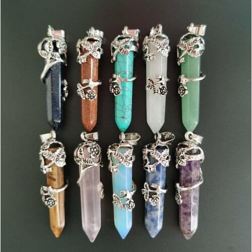 Fashion natural stone crystal Pendants mixed alloy rose flower amethysts Quartzs for making Jewelry trendy 10pc Free shipping