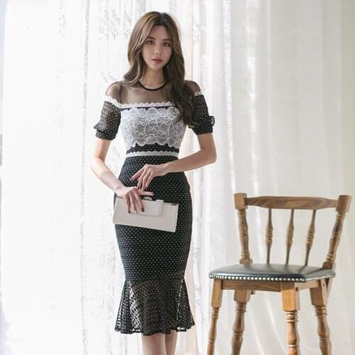 Fashion women elegant lace mash patchwork formal trumpet dress new arrivalsexy vintage perspective classical cute mermaid dress