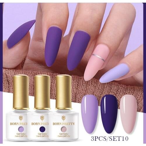 BORN PRETTY 3PCS Gel Polish Set Purple Nail Gel Semi-Permanent Varnish Soak Off UV 7ml Nail Art Gel Base Top Coat Matte Hybrid