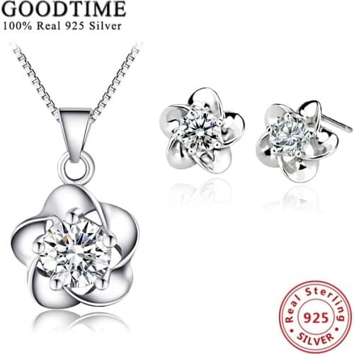 Silver Jewelry Sets Luxury Cute Flower 925 Sterling Silver Jewelry Set Fashion AAA Cubic Zirconia Necklaces/Stud Earrings Female