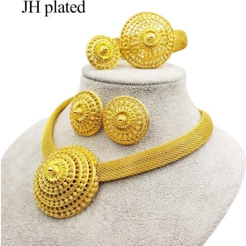 24K Gold color jewelry sets for women African bridal wedding gifts party Bracelet round Necklace earrings ring sets jewellery