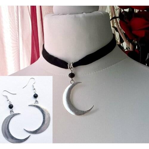 Necklace Earrings Gothic Choker, Moon Choker, Pagan, Black Velvet Choker, Gothic Witch Wiccan, Gift Earring Necklace Set