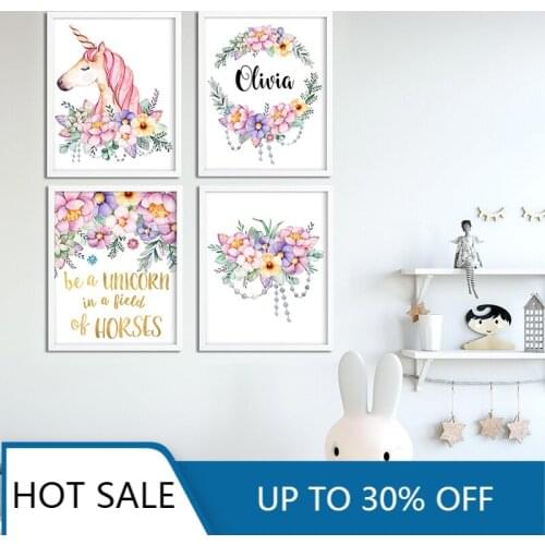 Personalized Girl Nursery Wall Art Unicorn Canvas Painting Posters Prints Custom Baby Name Sign Flower Girls Room Decor Picture