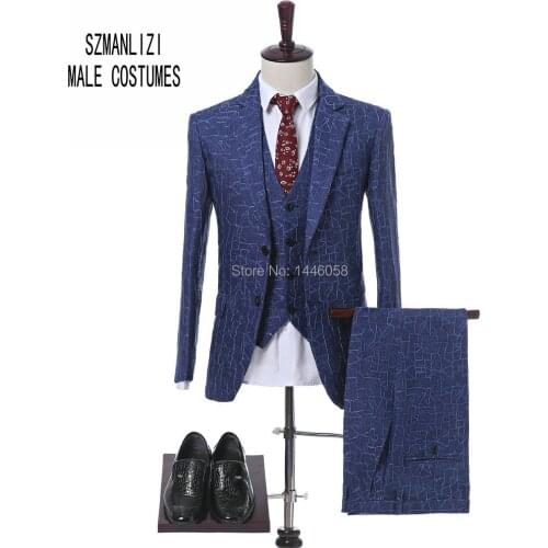 Jacket+Vest+Pants) Classic Blue Plaid Slim Fit Mens Wedding Suits 3 Pieces Business Men Suits Formal Wear Groom Tuxedos For Men