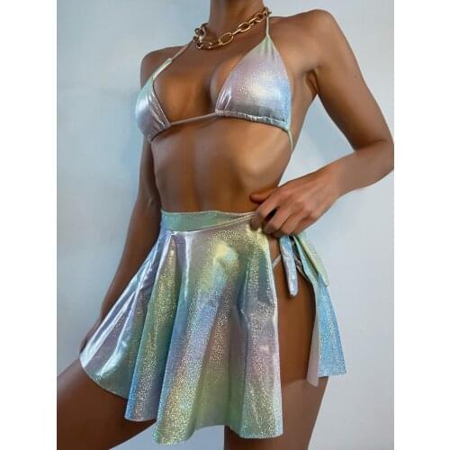 Sexy 3 Piece Swimsuit Women Halter Push Up Shiny Biquini Brazilian Summer Tie Dye Bathing Suit Thong Bikini Swimwear Women Skirt