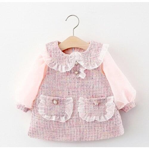 Pudcoco Baby Girls Princess Dress Infant Long Sleeve Ruffled Collar Plaid Pattern Lace Cute Sweet Cozy Soft Dress White/ Pink