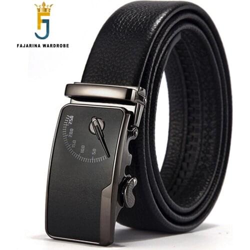 FAJARINA Unique Design Clock Pattern Automatic Buckle Black 100% Pure Cowhide Leather Belts for Men Belts 3.5cm Width N17FJ558