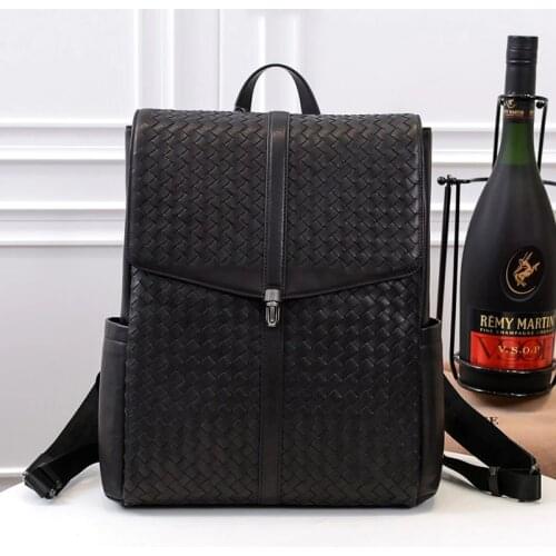 New Men High Quality Luxury Cowhide Genuine Leather Woven Backpack Large Capacity Fashion Casual Travel Bag Business Laptop Bags