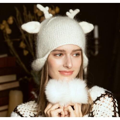 X035 Adult Knitting Hats New Year Gift Handmade Winter Deer Warm Woolen Cap Korean Sweet Cute Knitted Hat Christmas Gift Hat