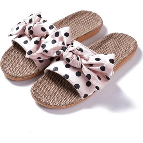 2021 Women Bowknot Slippers Summer Casual Beach Shoes Ladies Indoor Linen Slippers Slip On Sandals Bohemia Flip Flops New