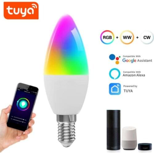 Tuya WiFi Smart Bulb RGB + W + C LED Candle Bulb E14 Dimmable Light Smart Life Remote Control Compatible With Alexa Smart Home