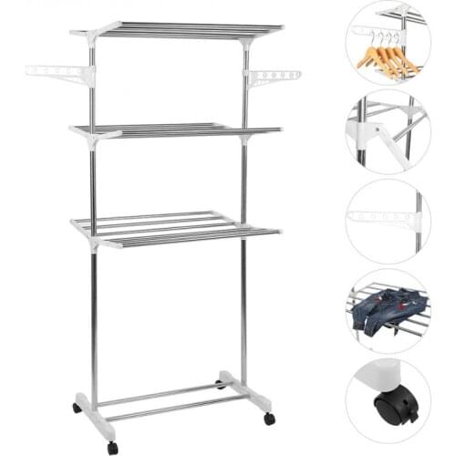 Stainless Steel Clothes Rack Three Layer Folding With 4 Sliding Wheels Clothing Organizer Multifunctional Clothes Hanger HWC