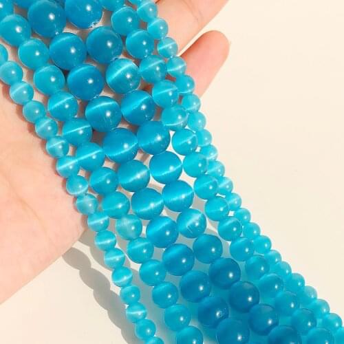 Pick Size 4.6.8.10 12MM Smooth Lake blue Cats Eye Beads Natural Stone Spacer Loose beads 15.5"/Strand Mexican Opal(F00227)