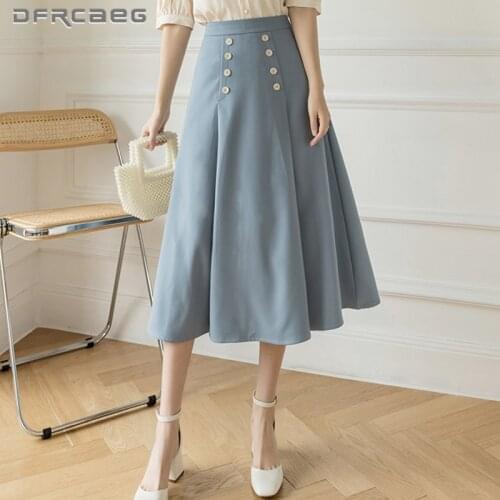 High Waist Summer Womens A-Line Skirts With Button 2021 Korean Style Casual Elegant Long Skirt Female Saias Blue