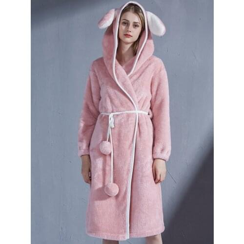 Coral Fleece Velvet Womens Sleepwear Dressing GownEar HatPeignoies Robes Bathrobe Ladies Pijama Warm Winter Home Clothes Lounge