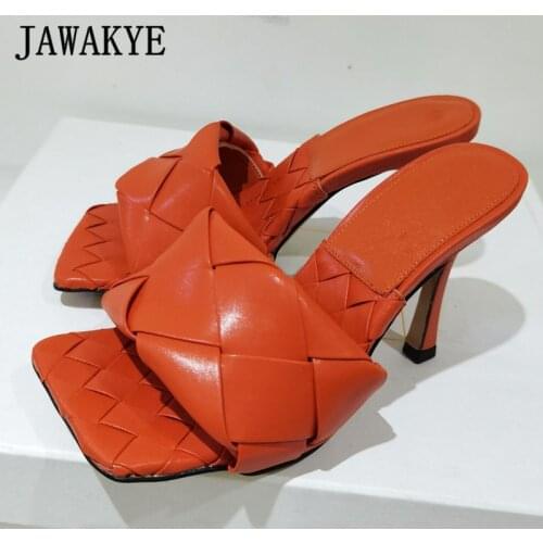 Multicolor Woven Leather Slippers for Women Runway Square Toe Party Wedding Shoes 2021 New Candy Color High Heel Women Slides