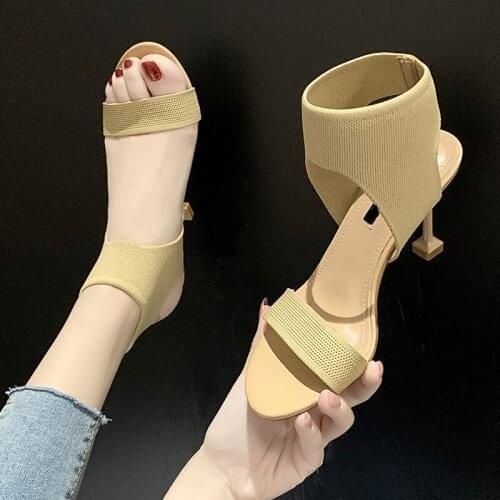 Large size 35-40 Rome ladies sandals summer leisure trend open-toed stiletto stretch knitted high-heeled fish mouth shoes