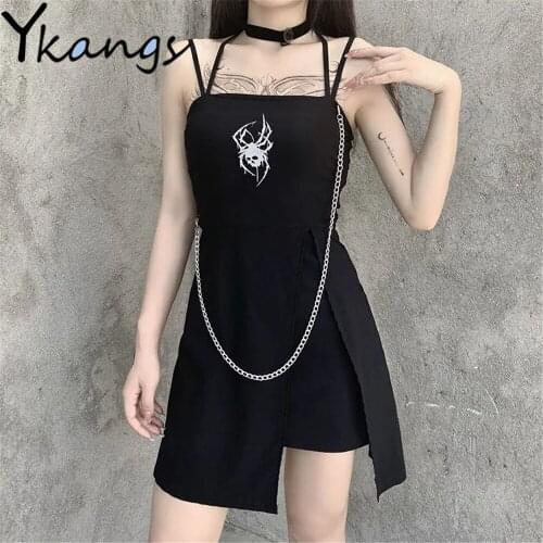 Dark Style Gothic Sexy Chain Spider Printing Sleeveless Black Suspender Short Dresses Summer Fashion Punk Slim Women Streetwear