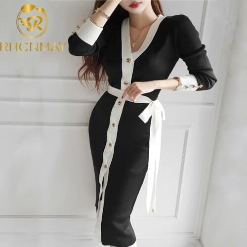 2020 Autumn Winter Temperament Women Knitted V-neck Single Breasted Dress Long Color matching Sweater Dresses Female