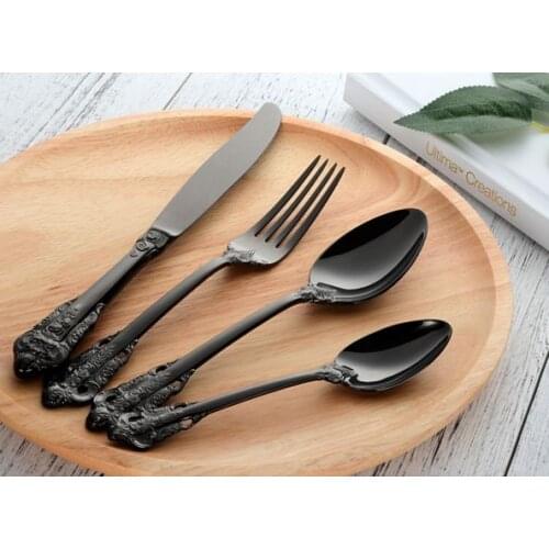 4pcs/set Flatware Set Retro Cutlery Set Black 304 Stainless Steel Golden Metal Knife Fork Dinner Western Wedding Silverware