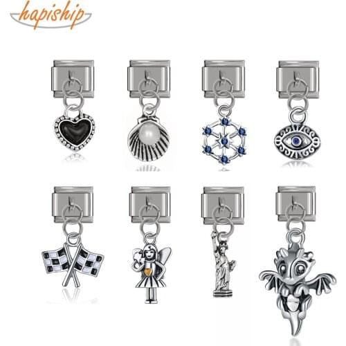 Hapiship 2021 New Original Daisy Heart Eye Shell Dinosaur Charm Links Fit 9mm Bracelet Stainless Steel Jewelry Making DJTop19