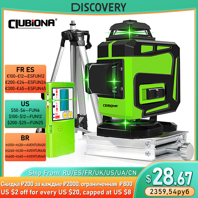 Clubiona IE12C Green Beam Cross Line Laser Level 360 Rotary Self-Leveling Construction Decoration Tools With Remote Control