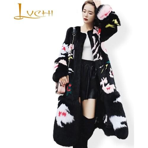 LVCHI 2019 New desgin 3D Print Womens Fur Coat Natural mink fur Coat Colorful fashion Boho Maxi Loose mink coats