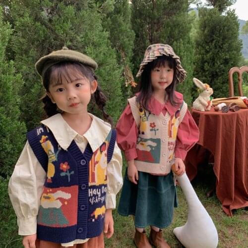 MILANCEL 2021 Autumn Kids Clothes Cartoon Vest Girls Sleeveless V-Neck Sweater Korean Girl Knitting Clothing