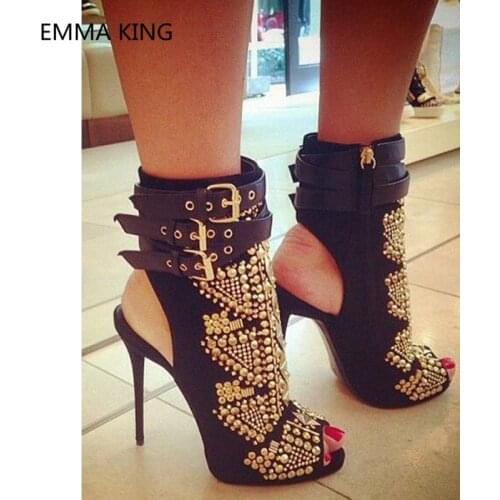 New Design Gold Rivets Studded Women Gladiator Sandals Peep Toe Sexy Stiletto Heel Ankle Boots Buckle Belt Punk High Heels Shoes