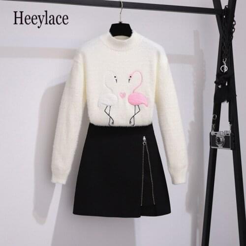 Autumn and winter Outfits mink cashmere half high collar embroidered sweater + black skirt two Pieces sets women Korean Suits