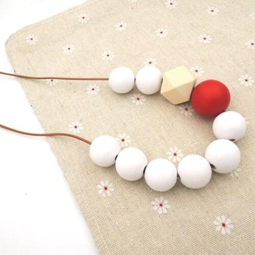 White red necklace, eco friend wooden beads ball beaded statement necklace color block deco leather chain NW044