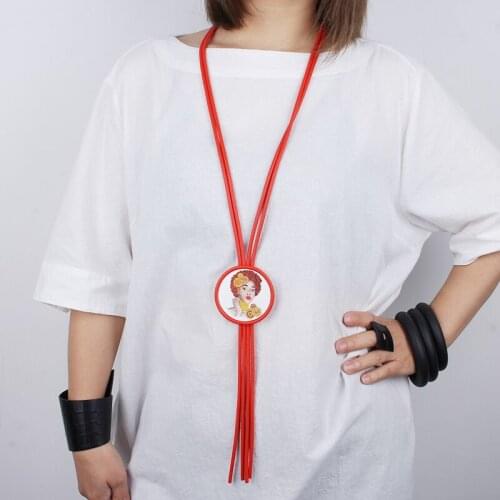 JID Bohemia Printed Pendant Necklace Charm Women Print Wood Bead Jewelry Red Double Layered Chain Necklace Clothes Accessories