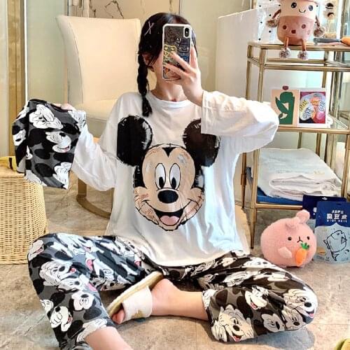 Girl Daisy Printed Spring and Autumn Bag Pajamas Women Cute Cartoon Long Sleeve Long Pants Homewear Set Pajamas