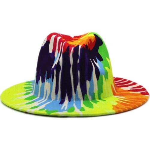 New Gentleman Elegant Tie Dye Wool Felt Fedoras Hats Lady Winter Autumn Wedding Wide Brim Blend Jazz Panama Trilby Caps 2021