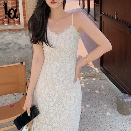 Luck A 2021 Summer Sleeveless Elegant Dress Women Sexy Embroidery Lace Strap Dress Office Lady Evening Party One Piece Dress