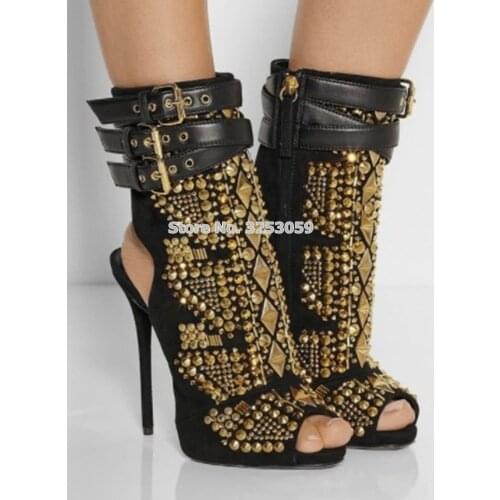 ALMUDENA Women Sexy Gold Punk Studded Ankle Boots Metallic Rivets Dress Shoes Thin High Heels Studded Motorcycle Boots Big Size