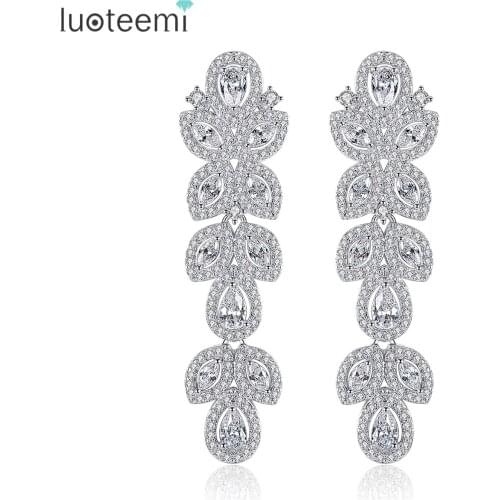 LUOTEEMI Fashion White Gold-color Clear Zircon CZ Drop Bridal Long Dangle Earrings for Women Fashion Luxury Wedding Jewelry