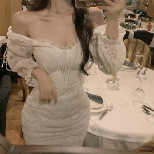 2021 Spring New Arrivals Women Lace Flower Dress Long Sleeve Off Shoulder Dress Female Retro Hook Princess Dresses