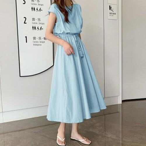 QPFJQD Ladies O-Neck Sleeveless Belt Retro Dress 2021 Summer Autumn Solid Color A-line Robes Womens Clothes Blend Dresses