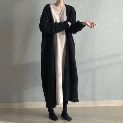 Zoki Autumn Long Cardigan Women Thick Knitted Sweater Loose Casual Black Lady Jumper Elegant Gray Long Coats Fashion New 2021