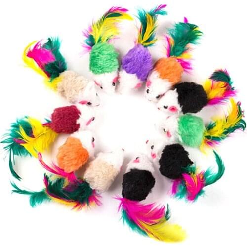 10Pcs Colorful Cat Toy Soft Fleece False Mouse Toys For Cat Feather Funny Playing Small Animals feather Interactive Toys Kitten