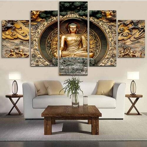 Buddha Statue Art Prints Waterfull Poster Canvas Art 5 Pieces Modular Pictures Green Nature Wall Painting Bedroom Home Decor