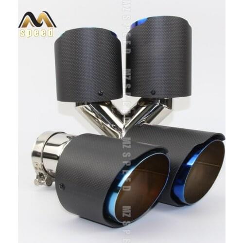 Car accessories 304 stainless steel blue and dumb carbon fiber y-type double outlet straight edge exhaust pipe tailpipe